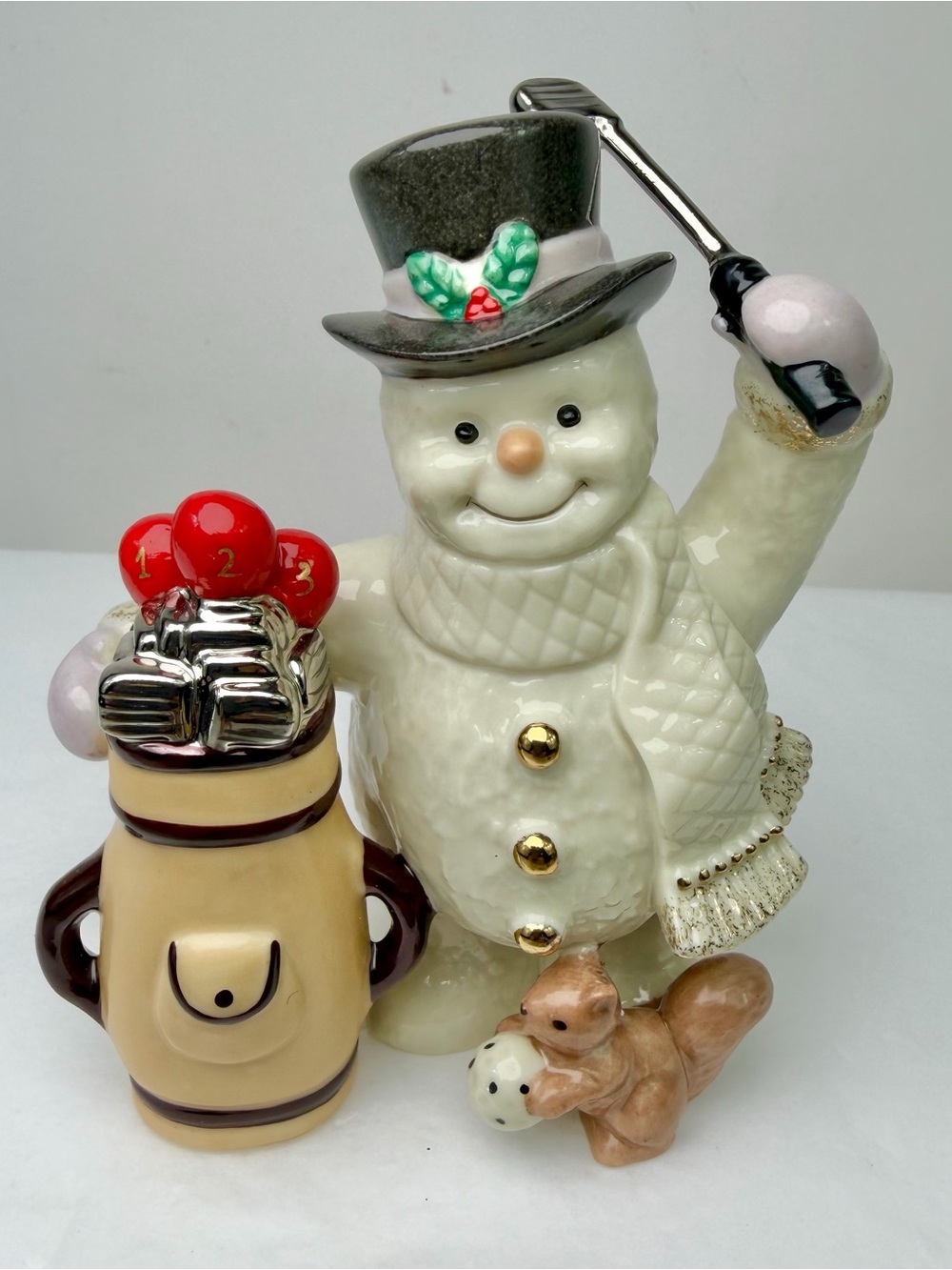Lenox Golfer Snowman With Squirrel Caddy Golf Club Bag Christmas Vintage